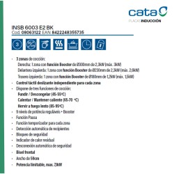Cata Placa de Inducción INSB 6003 E2 BK, 3 Zonas Cocción, Ancho 59 cm, Control Táctil Deslizante, 9 Niveles Potencia, Funcion Pa